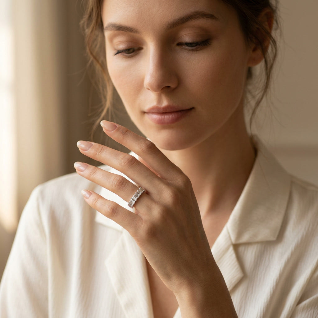 LUMINA BARREAU baguette moissanite eternity band — worn, face in frame