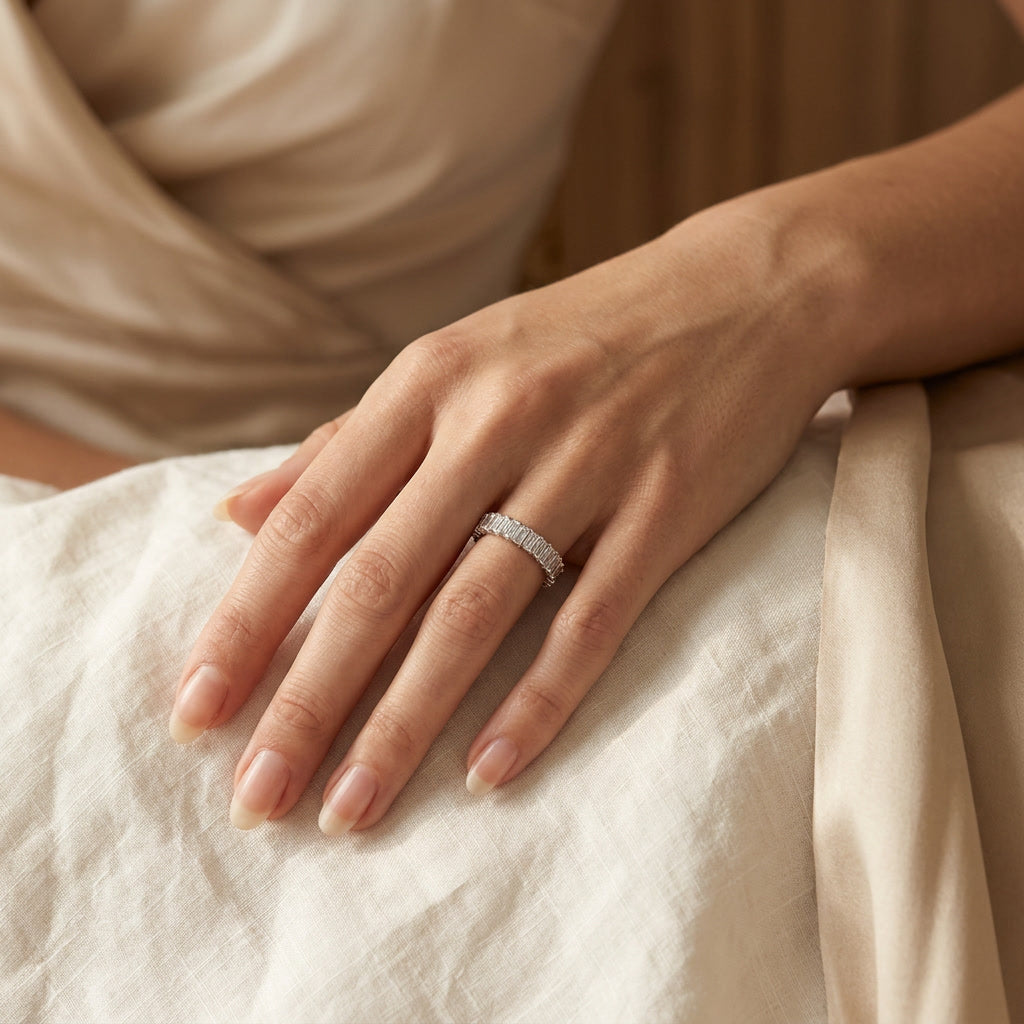 LUMINA BARREAU baguette moissanite eternity band — on the hand, lifestyle