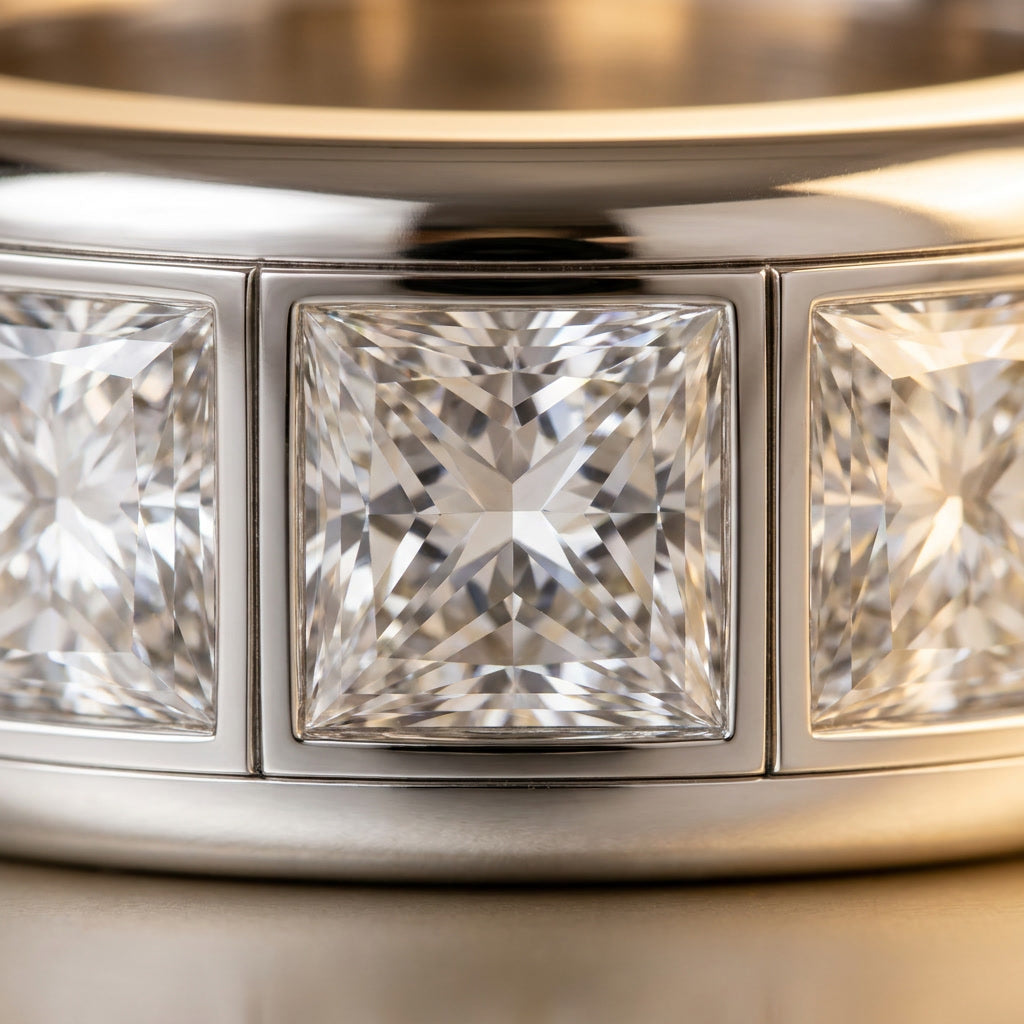 Macro detail of three princess cut lab grown diamonds in individual square box settings on the BASTION white gold band