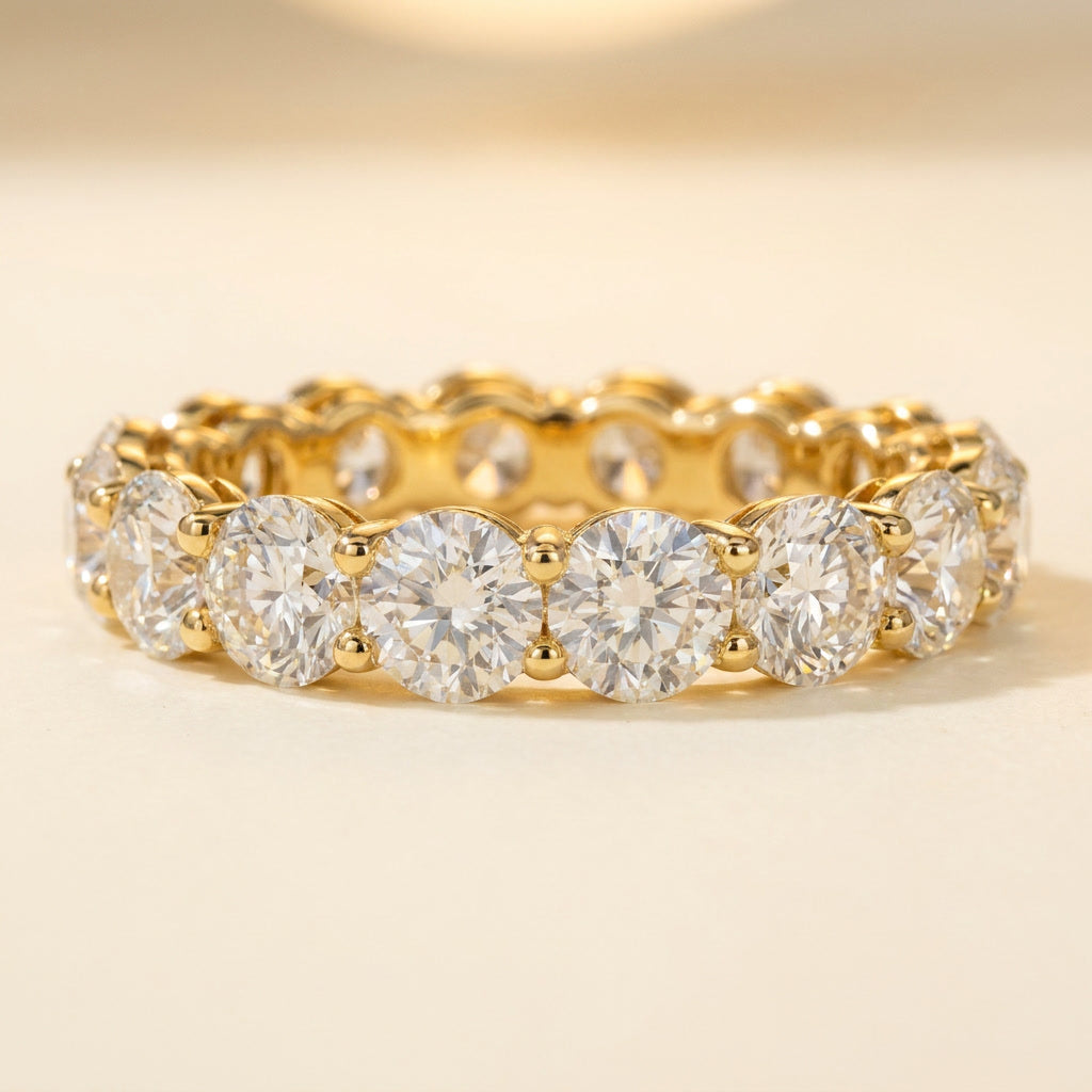 LUMINA GRANDEUR round moissanite eternity band, yellow gold — front view