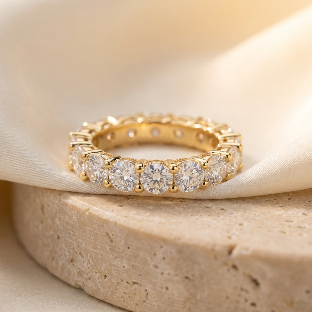 LUMINA GRANDEUR round moissanite eternity band — full eternity circuit, three-quarter view