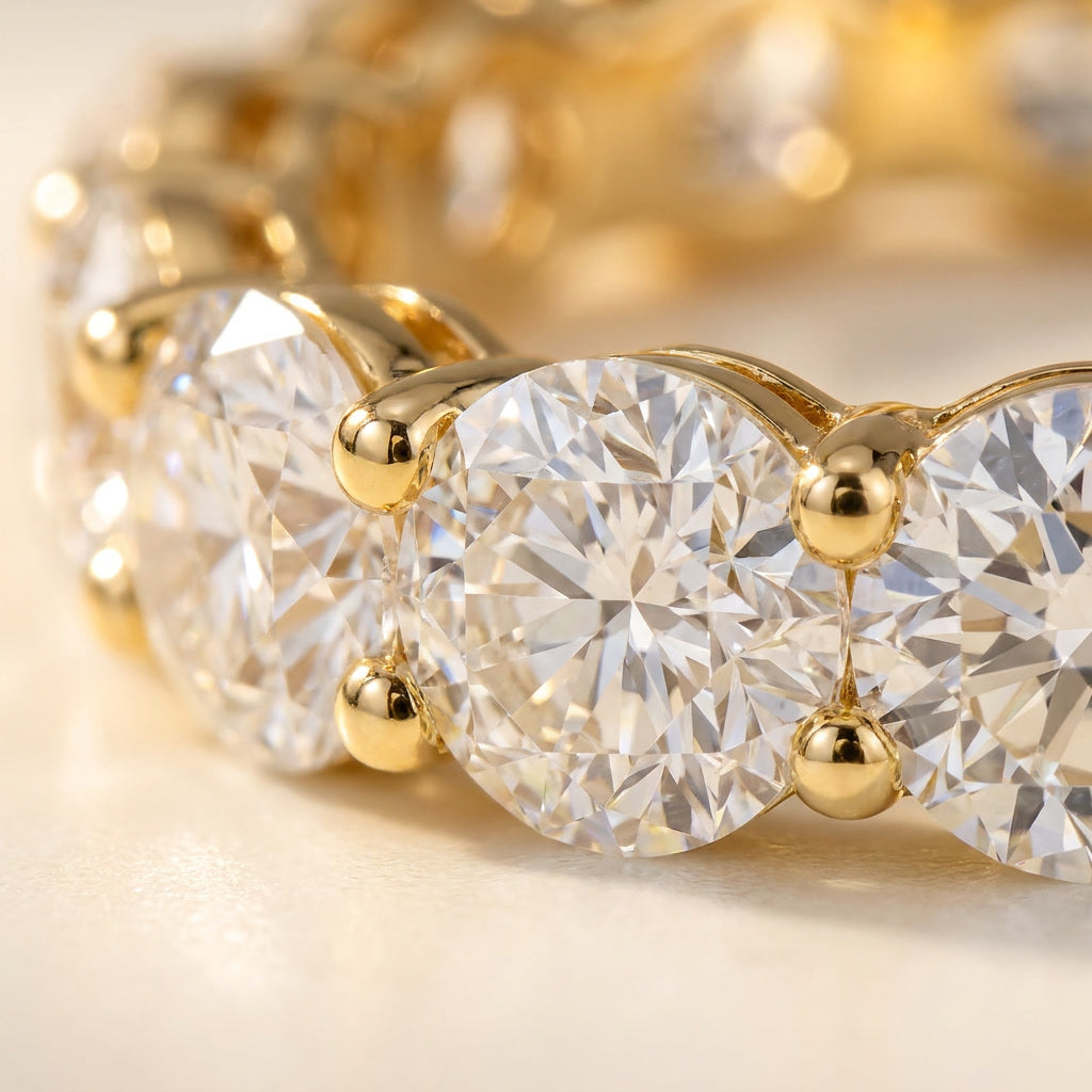 LUMINA GRANDEUR round moissanite eternity band — macro stone and shared-prong detail