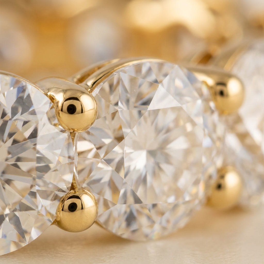 LUMINA GRANDEUR round moissanite eternity band — extreme macro, prong and brilliant-cut detail