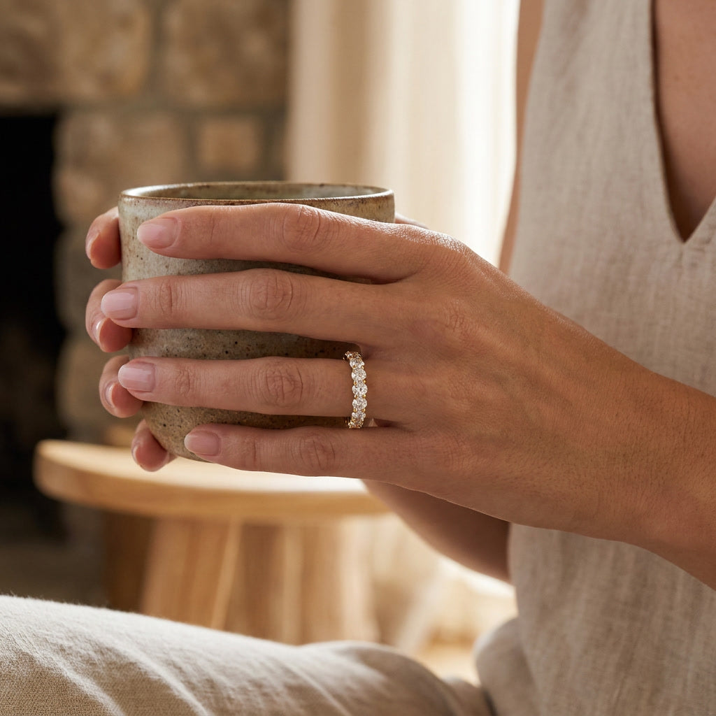 LUMINA GRANDEUR round moissanite eternity band — worn on hand, lifestyle