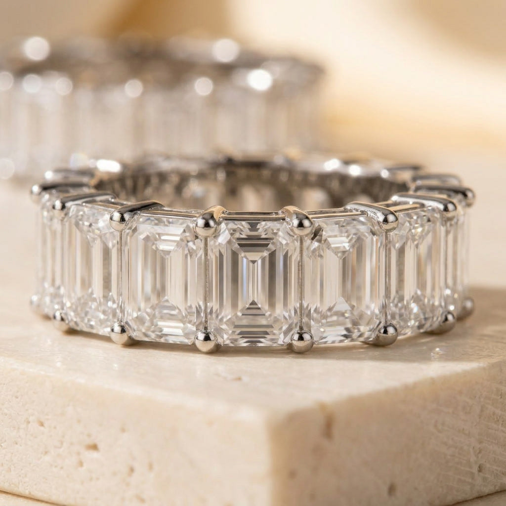LUMINA MAJEUR baguette moissanite eternity band, white gold — front view