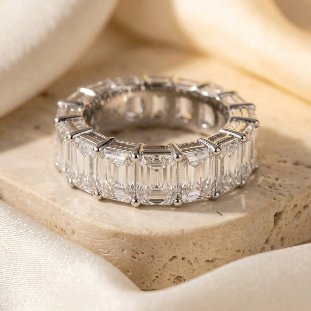 LUMINA MAJEUR baguette moissanite eternity band — three-quarter angle