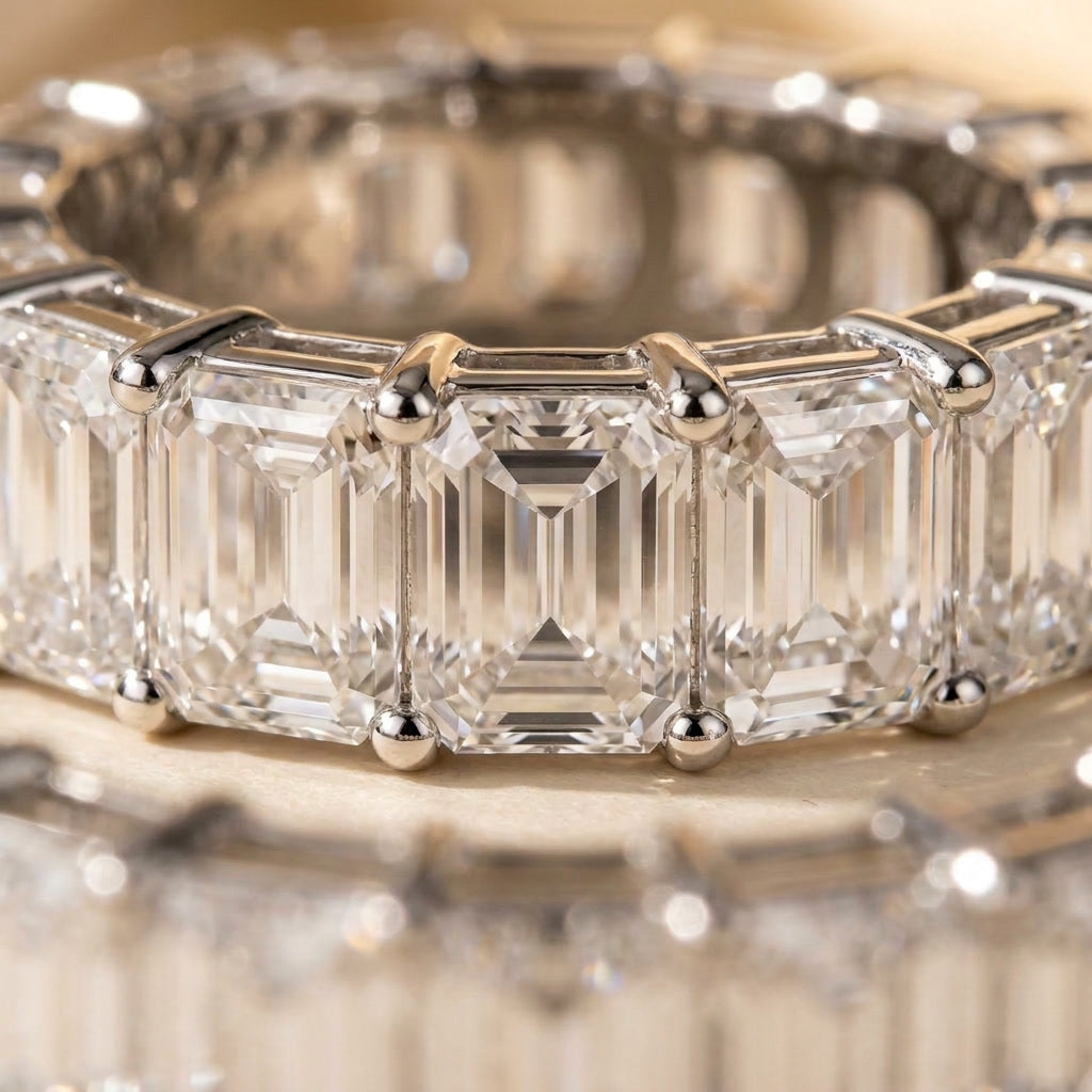 LUMINA MAJEUR baguette moissanite eternity band — macro stone and shared-prong detail