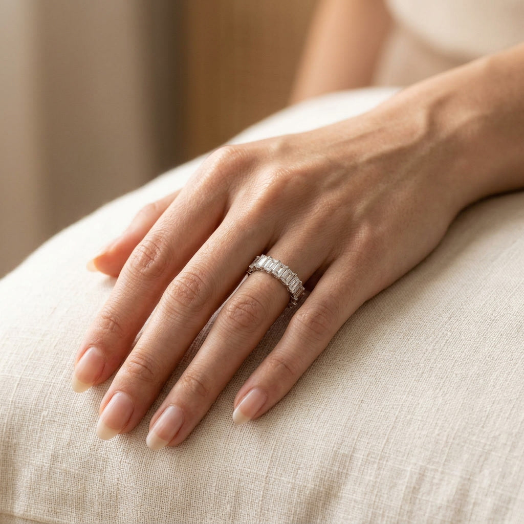 LUMINA MAJEUR baguette moissanite eternity band — worn on hand