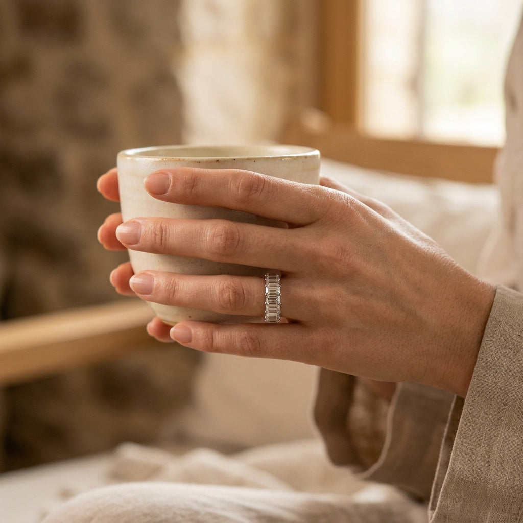 LUMINA MAJEUR baguette moissanite eternity band — on the hand, lifestyle