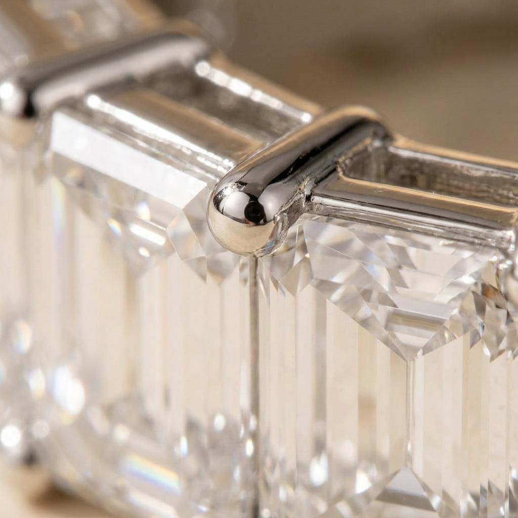 LUMINA MAJEUR lab-grown diamond baguette eternity band — extreme macro, prong and step-cut detail