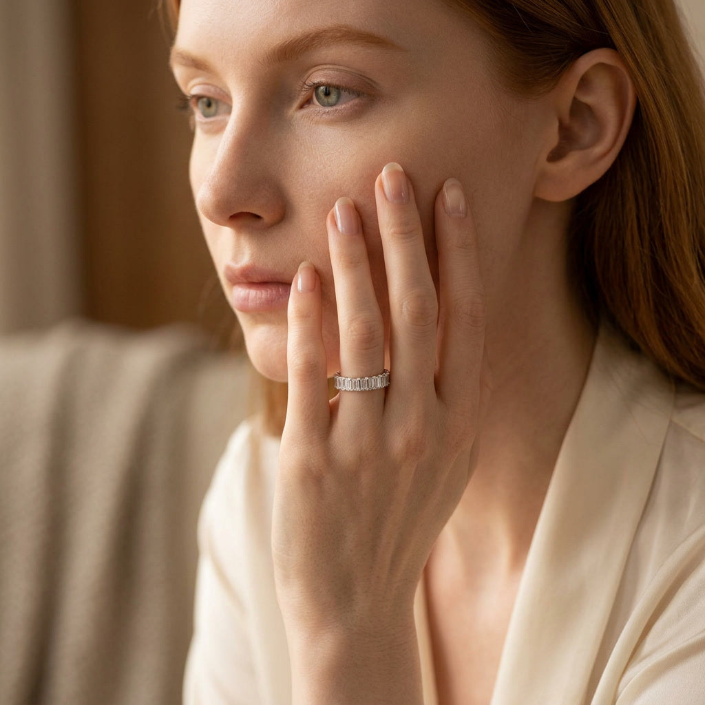 LUMINA MAJEUR lab-grown diamond baguette eternity band — worn, lifestyle