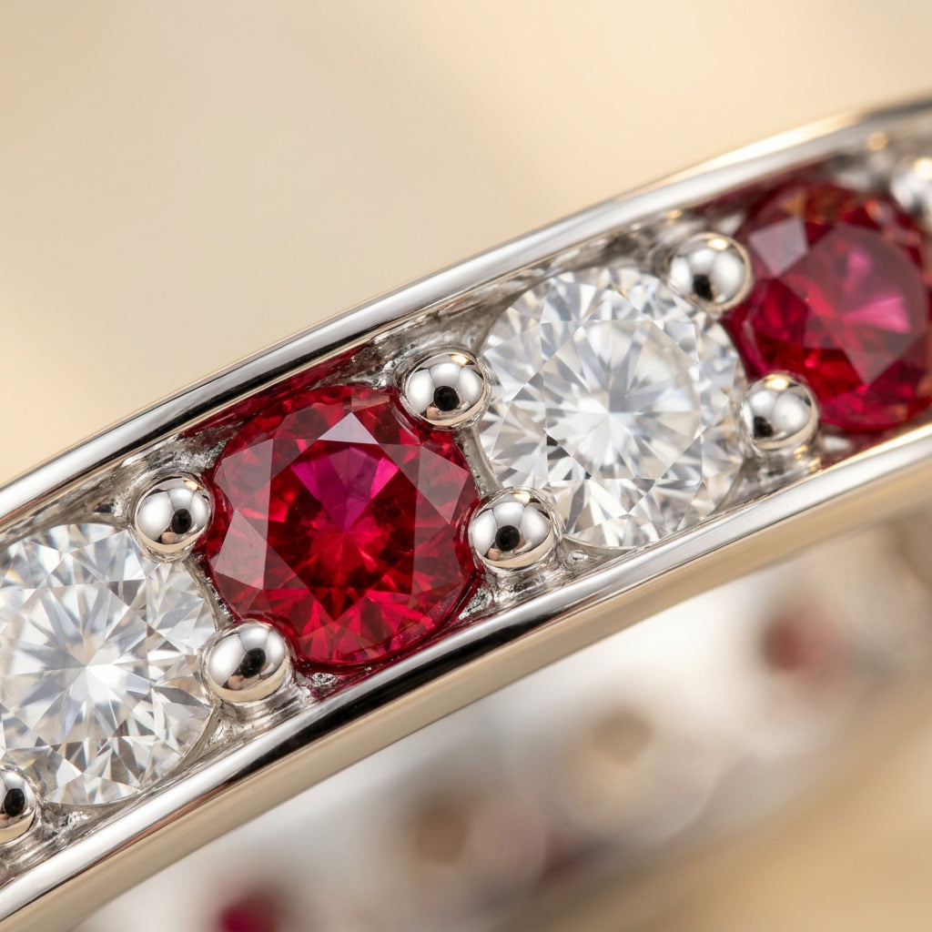 LUMINA RUBIS ÉTERNITÉ macro — alternating ruby and brilliant-cut white stones, bead-set