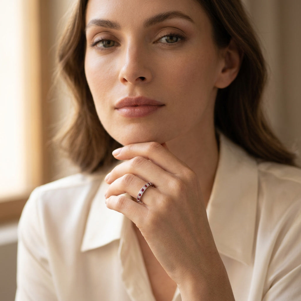 LUMINA RUBIS ÉTERNITÉ eternity band on model — Heritage & Co.
