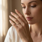 Model wearing the LUMINA SCINTILLE moissanite eternity band