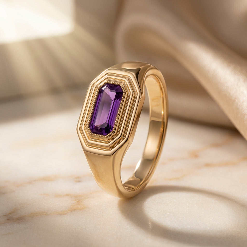 NATALIS birthstone signet ring in 10K yellow gold with amethyst, the February birthstone | Heritage & Co.