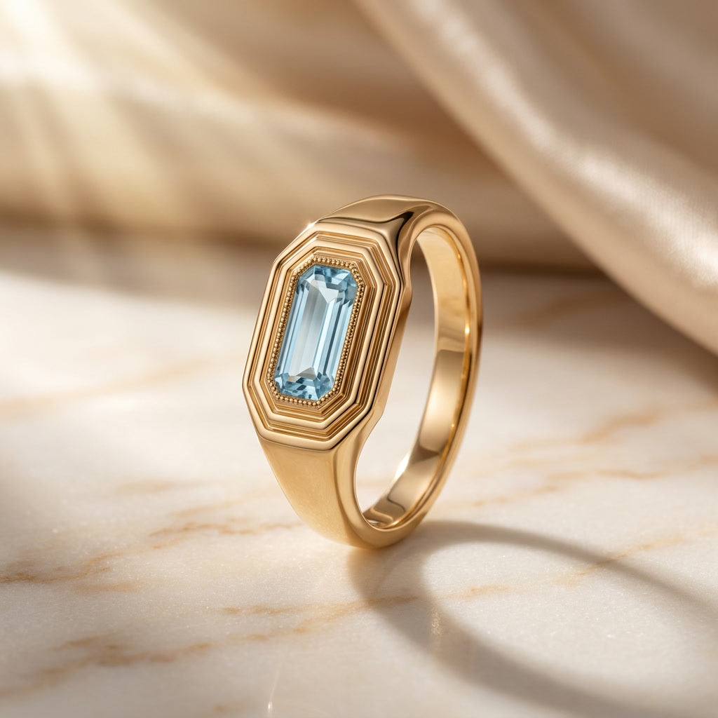 NATALIS birthstone signet ring in 10K yellow gold with aquamarine, the March birthstone | Heritage & Co.