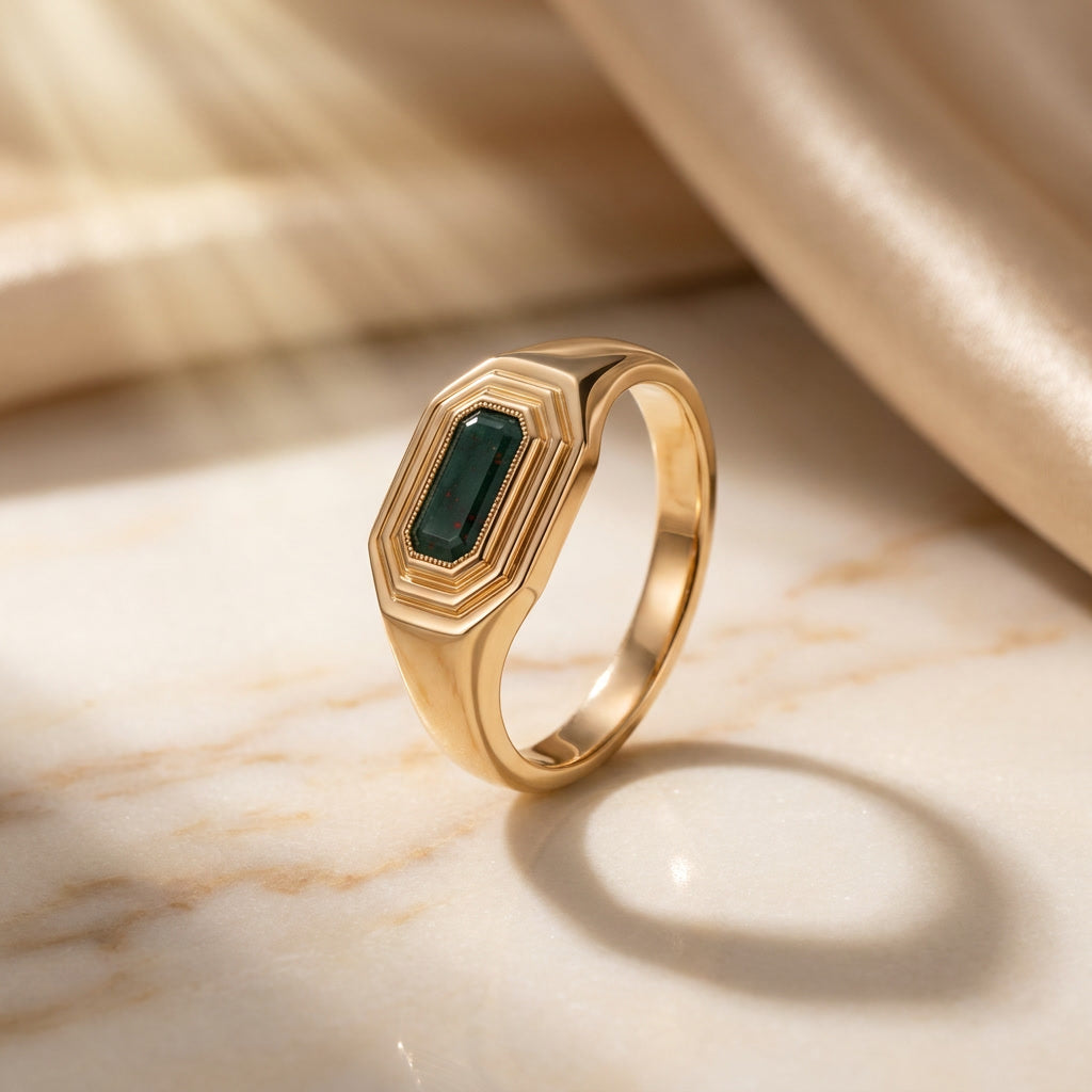 NATALIS birthstone signet ring in 10K yellow gold with bloodstone, the March birthstone | Heritage & Co.