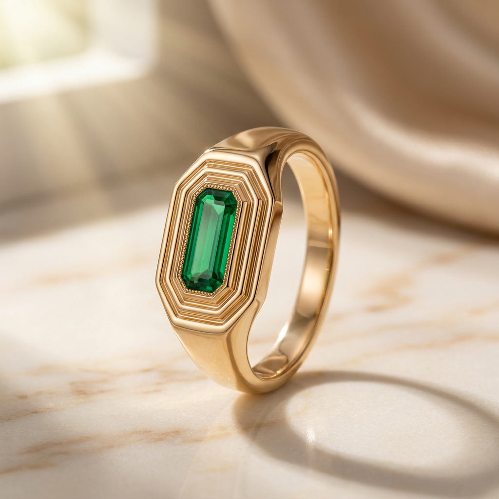 NATALIS birthstone signet ring in 10K yellow gold with emerald, the May birthstone | Heritage & Co.