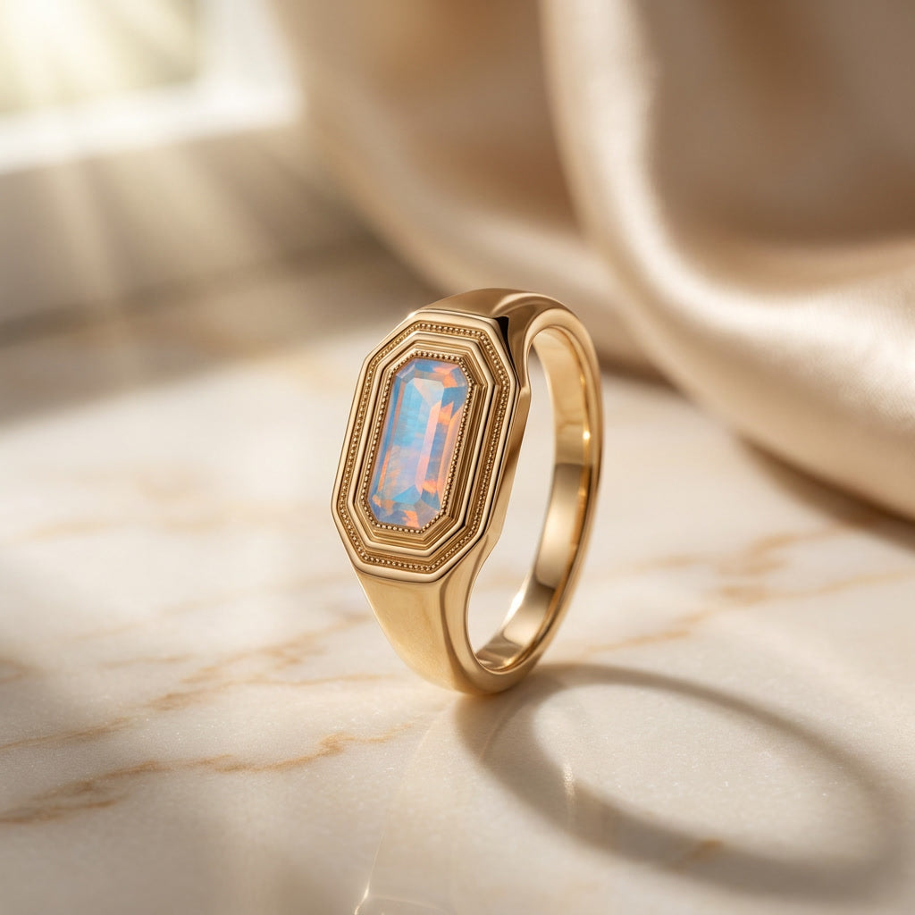NATALIS birthstone signet ring in 10K yellow gold with moonstone, the June birthstone | Heritage & Co.