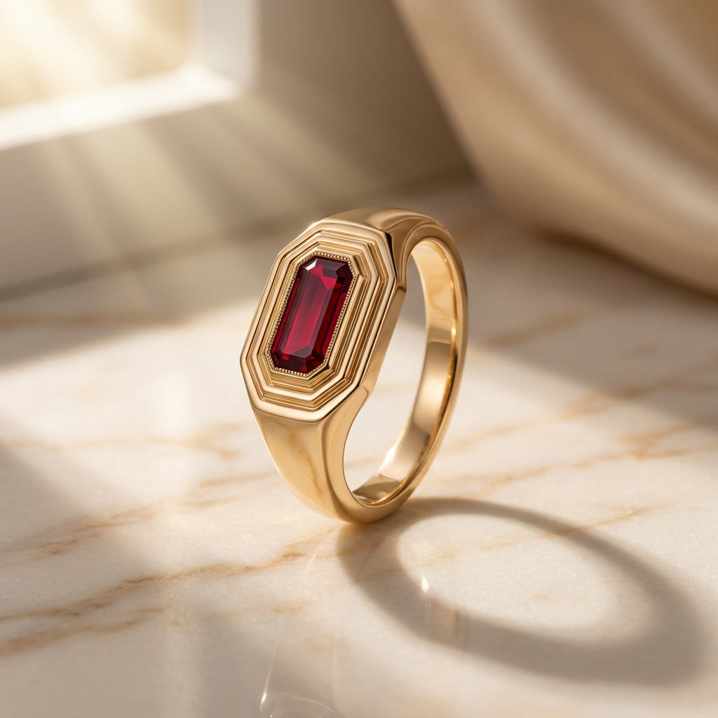 NATALIS birthstone signet ring in 10K yellow gold with ruby, the July birthstone | Heritage & Co.