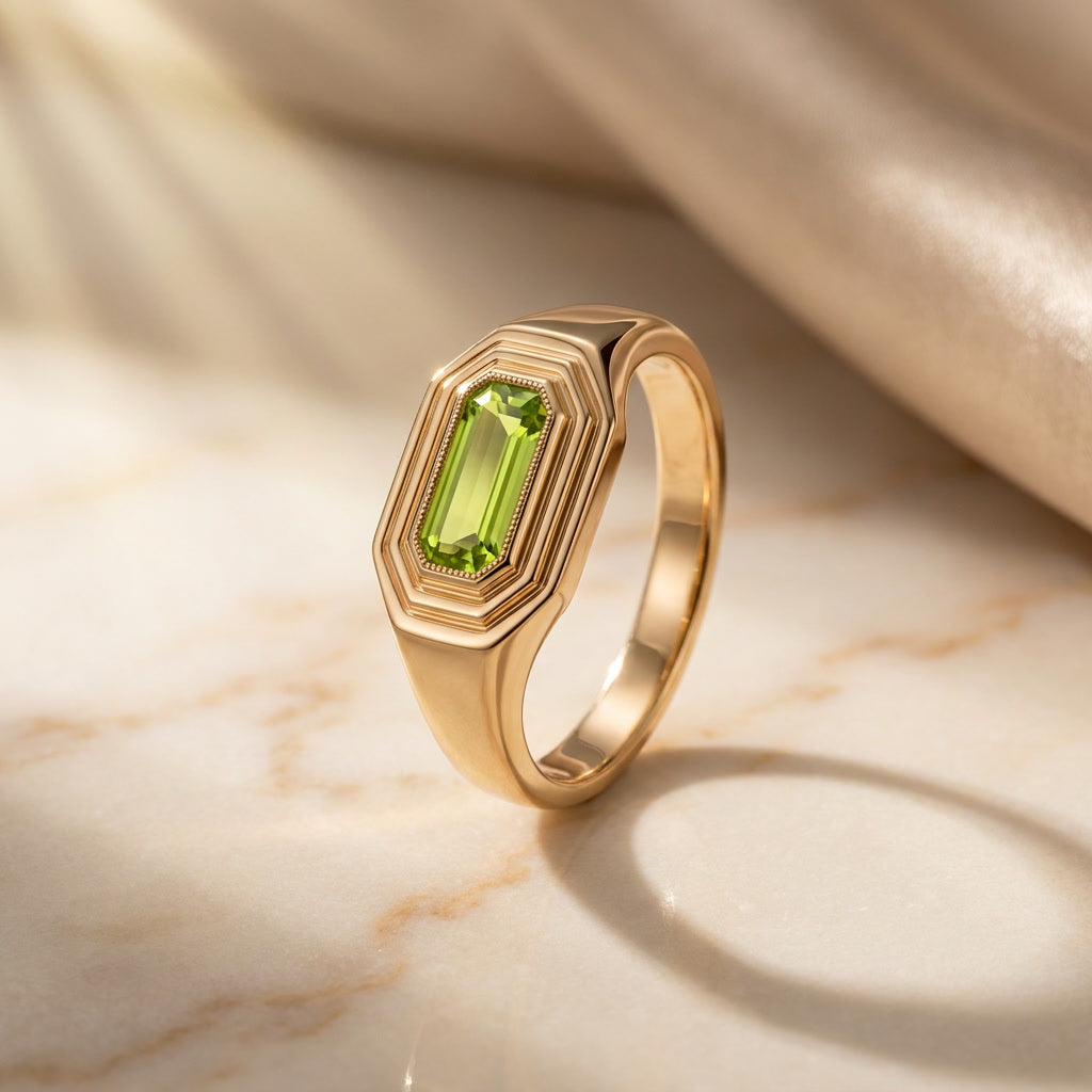NATALIS birthstone signet ring in 10K yellow gold with peridot, the August birthstone | Heritage & Co.