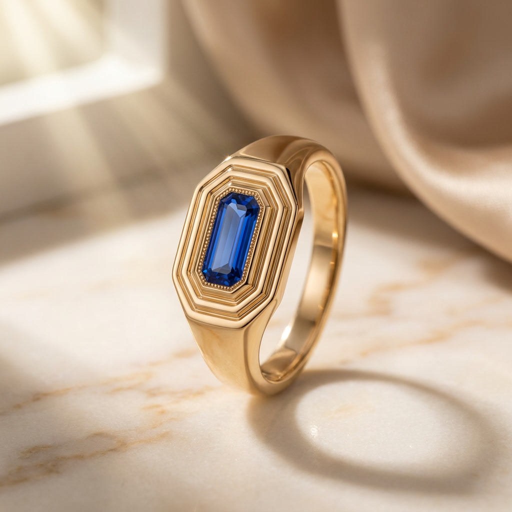NATALIS birthstone signet ring in 10K yellow gold with sapphire, the September birthstone | Heritage & Co.