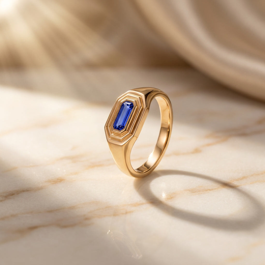 NATALIS birthstone signet ring in 10K yellow gold with tanzanite, the December birthstone | Heritage & Co.