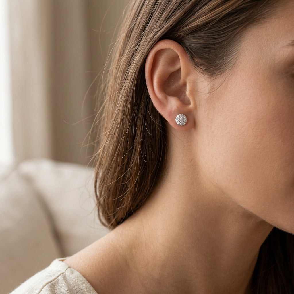 SOLARIS CUPOLA, ROUND MOISSANITE PAVÉ CLUSTER STUD EARRINGS | Heritage & Co.
